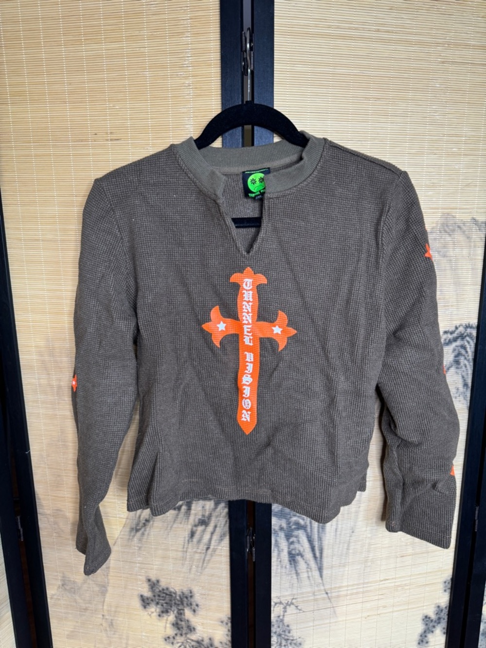 Waffle-Knit Long Sleeve Tee with Orange Cross Graphic